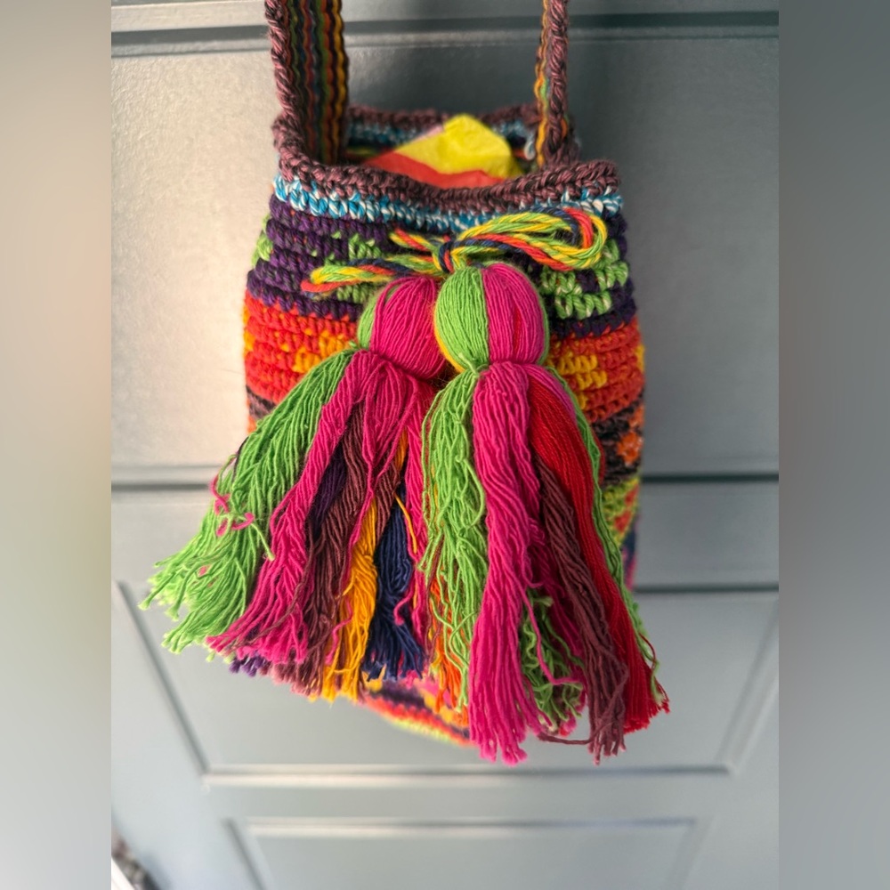 Colorful Woven Women's Boho Bucket bag bamboo trading company.